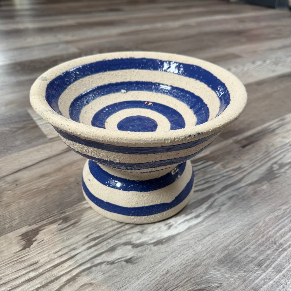 Handmade Studio Pottery Footed Pedestal Bowl Cobalt Blue Stripe Artisan Decor